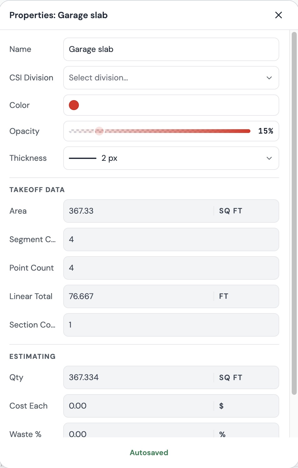 Properties for Garage slab: Name, CSI Division, Color, Opacity, Thickness, Takeoff data and Estimating