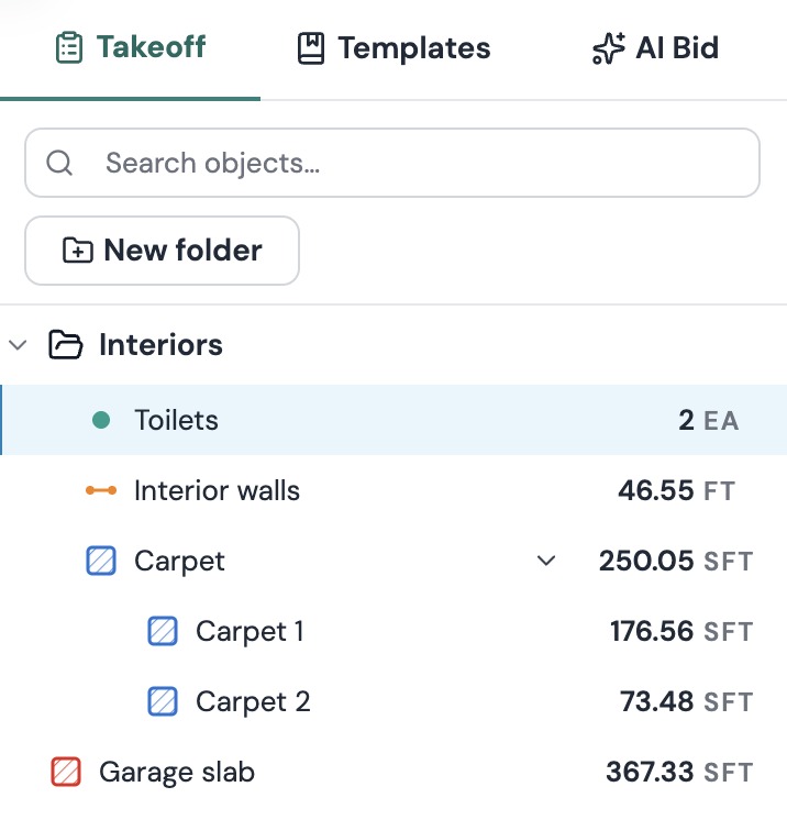 The Takeoff panel with an Interiors folder holding Toilets, Interior walls and Carpet, Carpet expanded to two sections, and Garage slab below