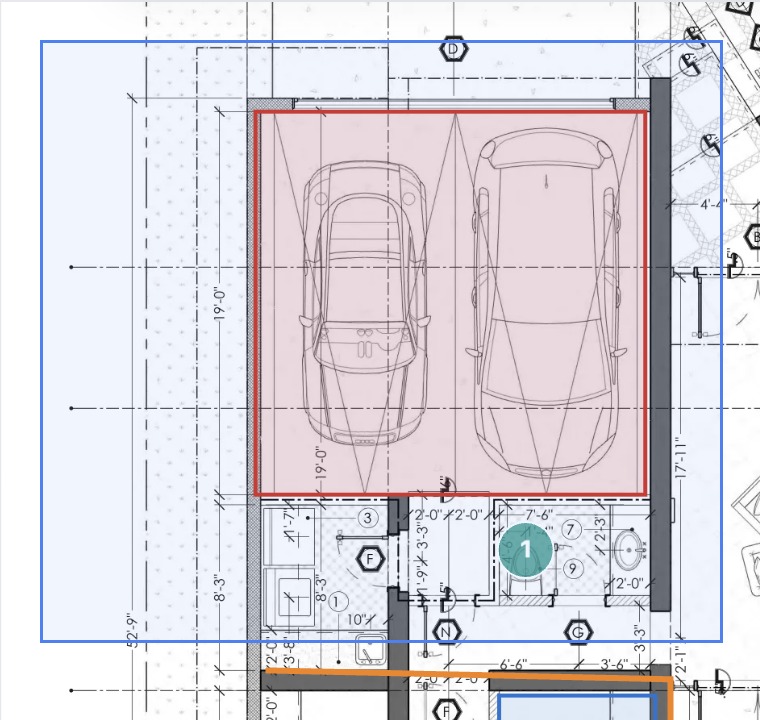 Dragging left to right: a solid blue box around the garage