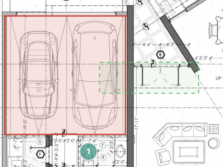 Dragging right to left: a dashed green box that touches the garage