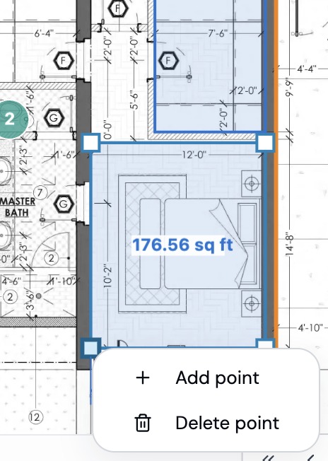 Right-click menu on a corner of the bedroom area with Add point and Delete point