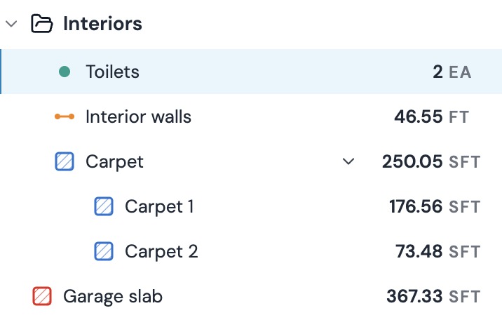 The Takeoff panel with Carpet expanded into two sections, Carpet 1 and Carpet 2