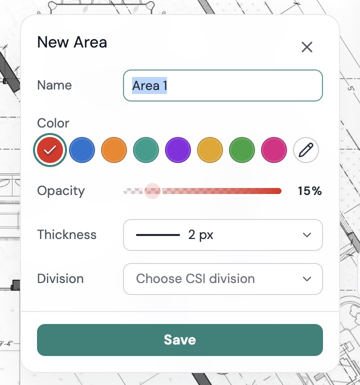 The New Area popup with Name, Color, Opacity, Thickness, Division and Save