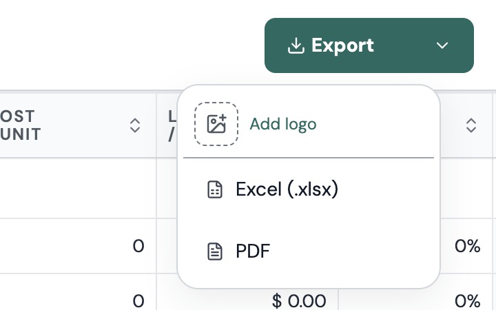 The Export menu with Add logo, Excel (.xlsx) and PDF