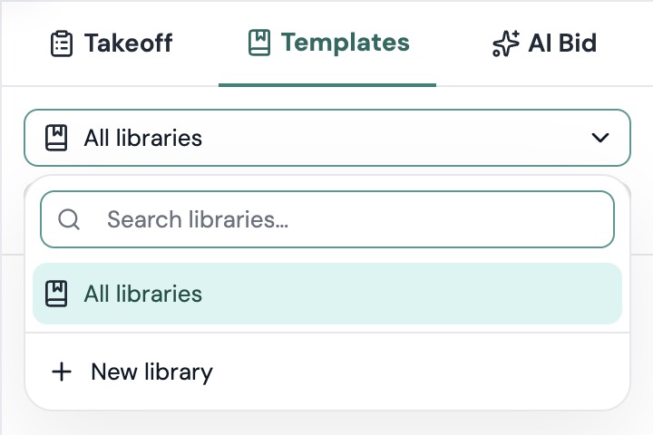 The Templates tab with the library selector open: Search libraries, All libraries and New library
