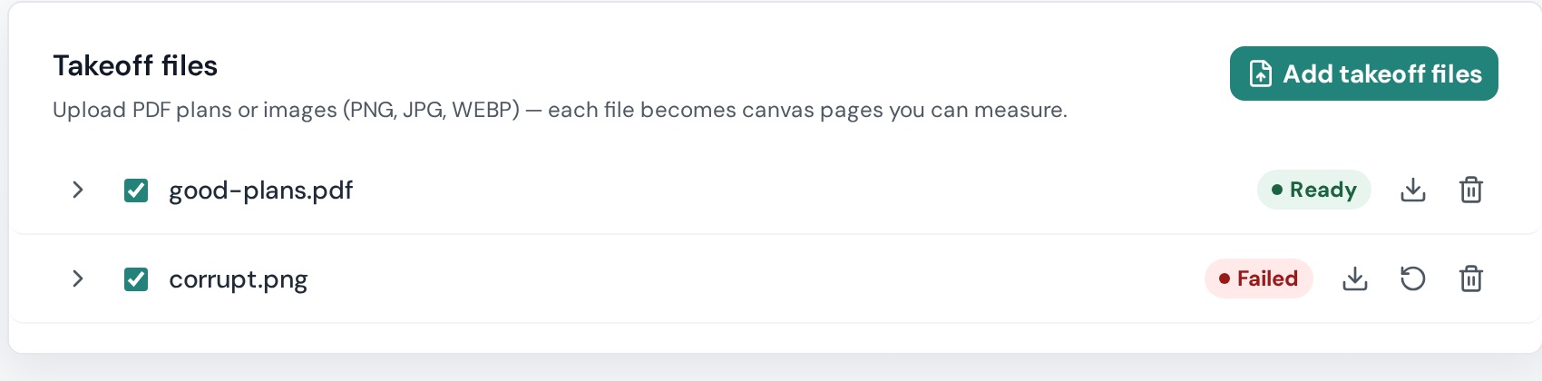 Project Details → Takeoff files: a Failed file with its retry icon