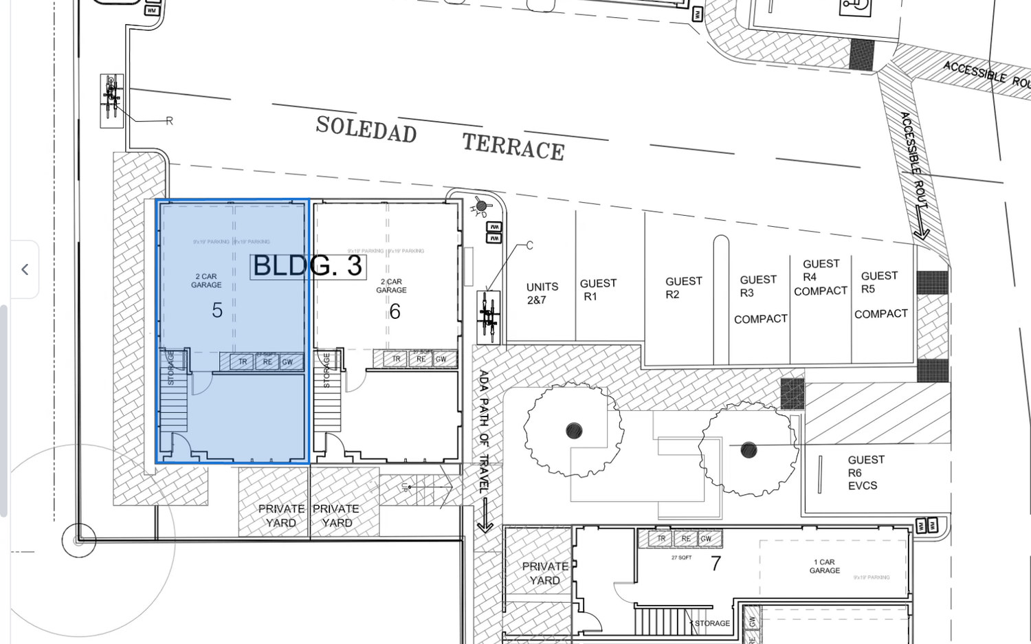 A site plan with three teammates' cursors on it, one drawing an area around a garage unit