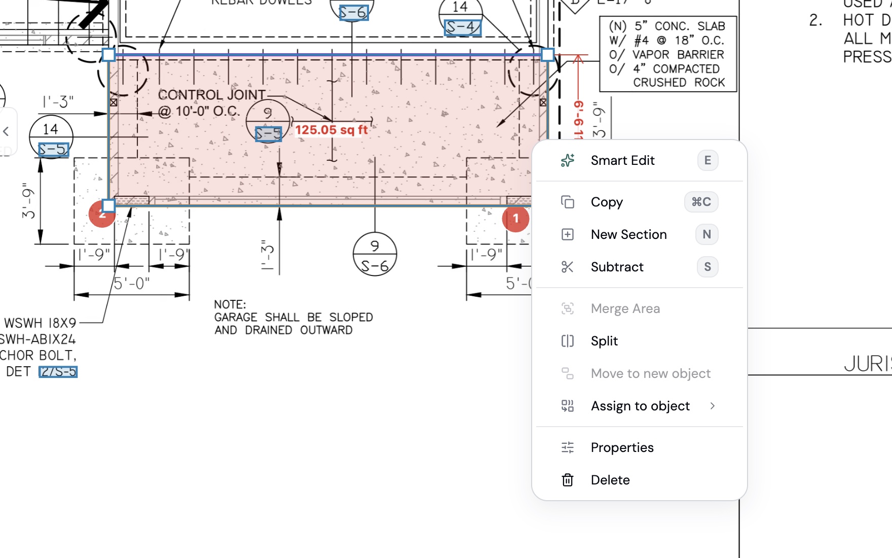 Right-click menu on a selected slab area: Smart Edit, Copy, New Section, Subtract, Merge Area, Split, Move to new object, Assign to object, Properties, Delete